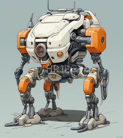 High Resolution: Orange and white humanoid robot with mechanical joints stands on four legs against a light gray background features cylindrical components and exposed wires download. | HRJPG.com