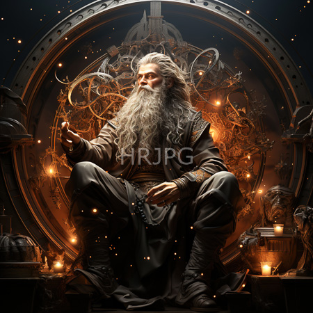 High Resolution: Elderly wise-looking wizard with long white hair sits in front of intricate golden gears inside a circular metallic frame holding a small floating sphere download. | HRJPG.com