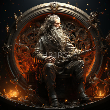 High Resolution: Elderly bearded figure with long white hair sits in front of intricate mechanical gears within circular machinery adorned by small statues holding torches download. | HRJPG.com
