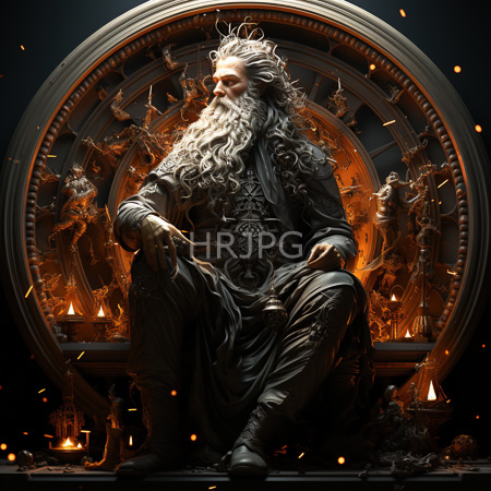 High Resolution: Ancient bearded king with long white hair and intricate robes seated on an ornate throne surrounded by flames with circular patterns adorned with small statues emitting light download. | HRJPG.com