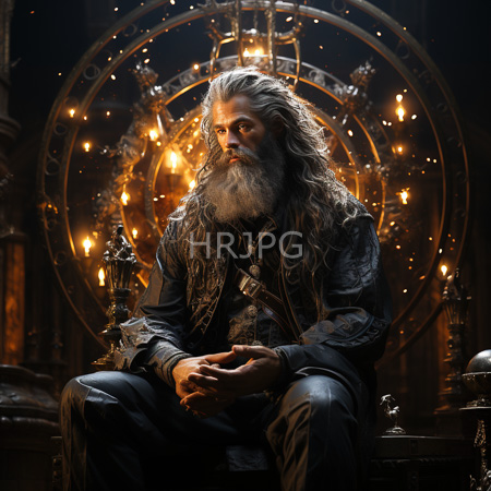 High Resolution: Elderly white-bearded figure with long silver hair sits in front of glowing candles and intricate clockwork mechanisms wearing ornate black leather robes download. | HRJPG.com