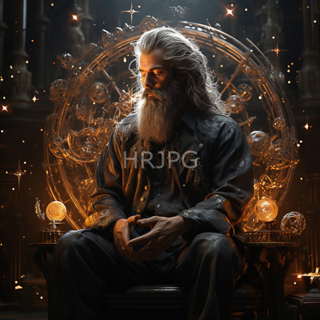 High Resolution: Elderly long-bearded figure with flowing silver hair sits on an ornate throne in dim lighting holds hands together contemplatively against a magical golden circular backdrop download. | HRJPG.com