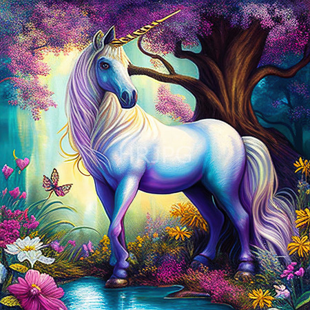 High Resolution: Ethereal blue-purple equine with a flowing white mane and horn stands in a vibrant forest clearing beside a pond surrounded by colorful flowers and butterflies download. | HRJPG.com