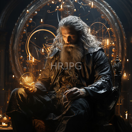 High Resolution: Elderly white-bearded figure with long silver hair sits on an ornate throne in dim lighting wearing dark leather clothing and holding a glowing orb download. | HRJPG.com