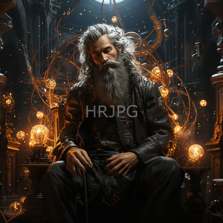 High Resolution: Elderly figure with long curly white hair and beard sits in darkness surrounded by glowing light bulbs on ornate stands wearing dark robes with eyes closed download. | HRJPG.com