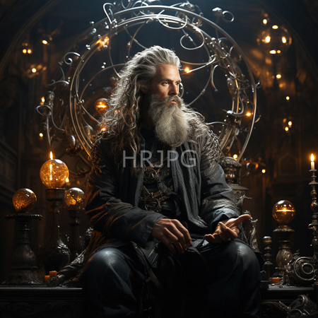 High Resolution: Older white-bearded figure with long gray hair sits on an ornate throne in a dim medieval-style room wearing dark robes holding hands together meditatively download. | HRJPG.com