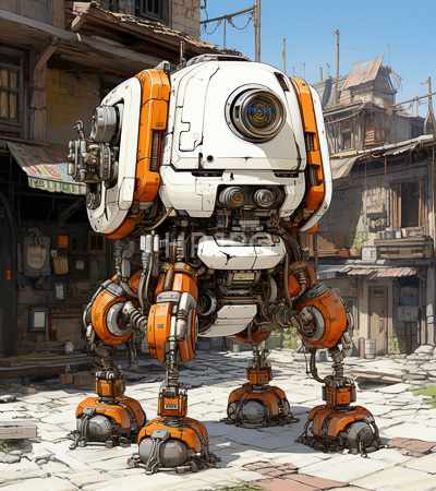 High Resolution: Orange and white humanoid robot with a large round head featuring a central eye-like design stands on four-jointed legs on cracked stone pavement in a dilapidated urban setting download. | HRJPG.com