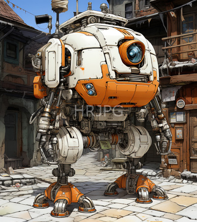 High Resolution: Orange and white humanoid robot with large blue eyes stands in a cobblestone alleyway between rustic wooden buildings under clear skies with detailed mechanical joints download. | HRJPG.com