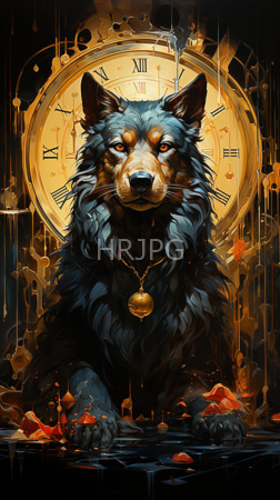 High Resolution: Anthropomorphic canine with dark flowing fur and piercing red eyes centered against a large clock face in gold hues wears a golden pendant around its neck download. | HRJPG.com