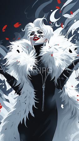 High Resolution: Elegant white-haired figure with red lipstick and black eye makeup wears a luxurious fur coat over a tight-fitting black dress adorned by silver jewelry download. | HRJPG.com