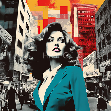 High Resolution: Pop art depicts an attractive light-skinned figure with wavy dark hair in mid-20th century fashion wearing a teal blazer and white blouse standing confidently on a bustling city street download. | HRJPG.com