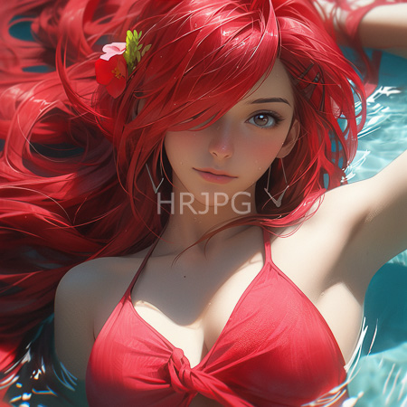 High Resolution: Anime-style young figure with vibrant red hair partially submerged in clear water wears a tied-red bikini top that accentuates medium-sized breasts download. | HRJPG.com