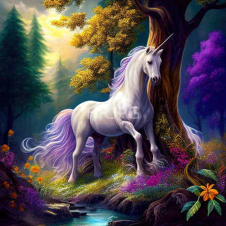 High Resolution: Elegant white equine with flowing purple and pink mane stands beside a tree in a vibrant forest clearing filled with colorful flowers near a sparkling stream download. | HRJPG.com