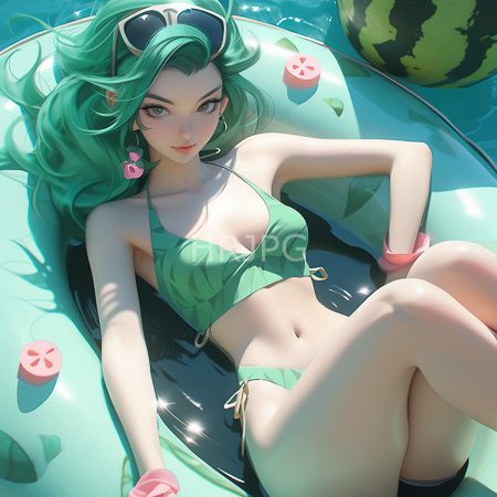 High Resolution: Anime-style attractive young figure with green hair wears black sunglasses and pink heart-shaped earrings in a turquoise bikini lying relaxed atop an inflatable pool float adorned with watermelon slices download. | HRJPG.com