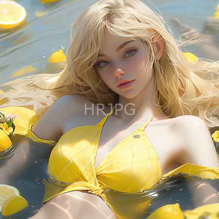 High Resolution: Attractive blonde-haired figure with blue eyes and fair skin lying in water filled with floating lemons wears a yellow bikini top revealing ample breasts download. | HRJPG.com