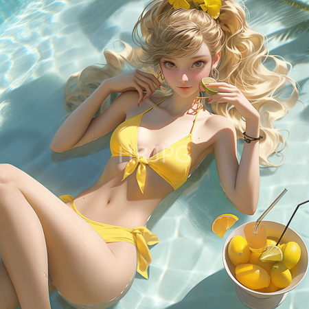 High Resolution: Attractive young blonde figure with long wavy hair in a yellow bikini lying on clear water pool holds lemon slices near her mouth download. | HRJPG.com