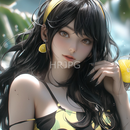 High Resolution: Anime-style young figure with long wavy black hair and a yellow headband wears a lemon-patterned bikini top holding one near her face download. | HRJPG.com