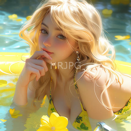 High Resolution: Attractive blonde-haired figure with wavy hair and blue eyes lounging in clear water on top of yellow inflatable pool floats wears a green floral bikini revealing ample cleavage download. | HRJPG.com
