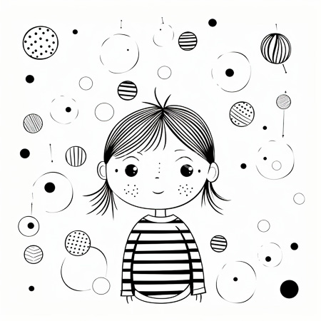 High Resolution: Black and white drawing of an adorable freckled girl with pigtails wearing a striped shirt surrounded by various-sized circles in different patterns download. | HRJPG.com