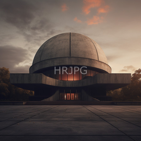 High Resolution: Architectural building with a large dome-shaped concrete roof and wide overhangs illuminated by warm orange light from within glass windows at its base download. | HRJPG.com