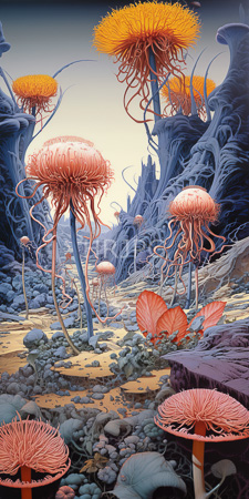 High Resolution: Alien landscape features towering orange and pink jellyfish-like plants on slender blue stems amidst rocky terrain under a gradient sky with intricate plant tendrils download. | HRJPG.com