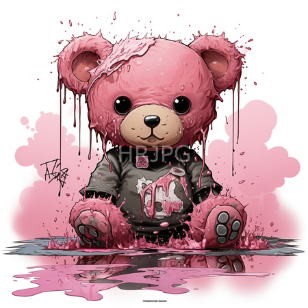 High Resolution: Adorable pink teddy plush with dripping paint and water effects on its fur wears a black t-shirt featuring melting ice cream graphics download. | HRJPG.com