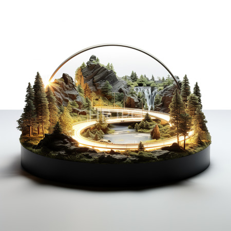 High Resolution: Intricate illuminated diorama in a spherical glass casing features light trails around a winding road near a waterfall and forested mountains with pine trees download. | HRJPG.com