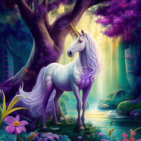 High Resolution: Elegant white equine with flowing purple-tinted mane and tail stands in a lush forest by a serene stream surrounded by vibrant purples on trees download. | HRJPG.com