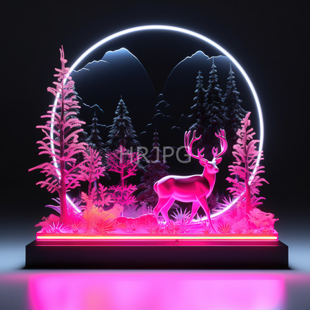 High Resolution: Illuminated neon-lit sculpture features a pink cervine with prominent antlers standing in front of stylized pine trees and mountains within a circular light frame download. | HRJPG.com