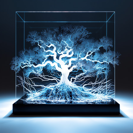 High Resolution: Ethereal glowing blue tree with intricate branches and roots inside a transparent cube frame on a black base illuminated by soft white light from below download. | HRJPG.com