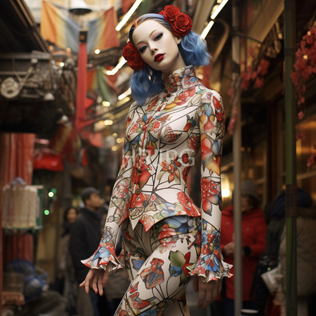 High Resolution: Androgynous model with pale skin blue bobbed hair adorned by red roses on a headband wears an intricate floral-patterned outfit standing confidently amidst a bustling market street download. | HRJPG.com