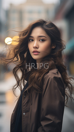High Resolution: Asian figure with long wavy brown hair and light skin stands on a blurred urban street at night wears a dark green jacket over black clothing with a neutral pensive expression download. | HRJPG.com