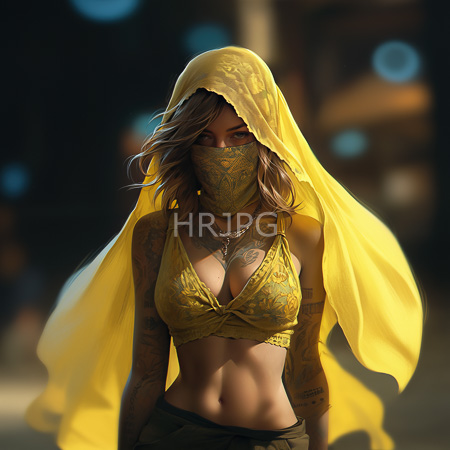 High Resolution: Attractive tattooed figure with wavy brown hair and tan skin wears a yellow veil over her head and a low-cut gold-patterned top highlighting ample cleavage download. | HRJPG.com