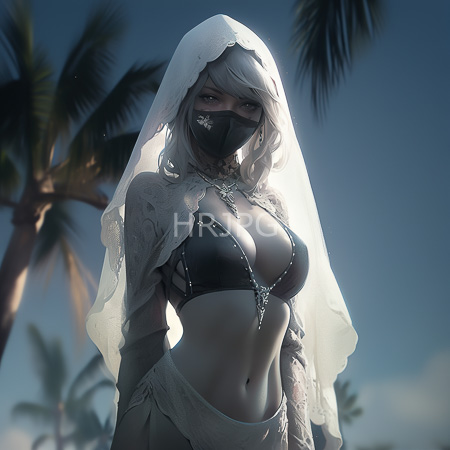 High Resolution: Attractive pale-skinned figure with silver hair and large breasts wears a black bikini top adorned in white lace details with a veil draped over her head download. | HRJPG.com