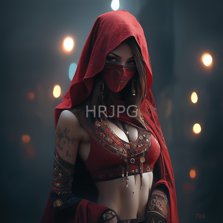High Resolution: Attractive figure with light skin and dark brown hair wears a red hooded cloak covering her head revealing tattoo-covered arms adorned in intricate lace gloves download. | HRJPG.com
