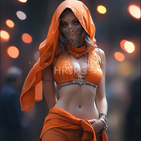 High Resolution: Attractive light-skinned figure with dark hair wears an orange traditional outfit featuring intricate embroidery and jewelry covers part of her face in a patterned mask under a flowing hood download. | HRJPG.com