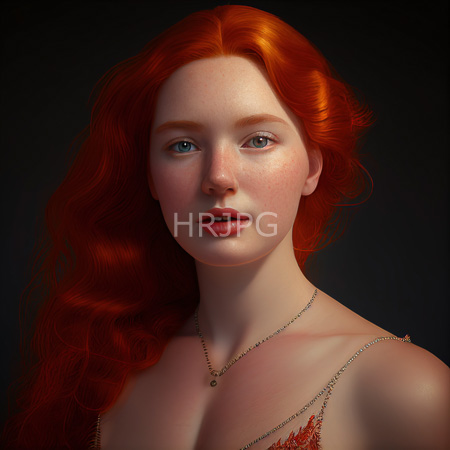 High Resolution: Ethereal fair-skinned figure with vibrant red hair cascading over her shoulders against a dark background has freckles across her cheeks and light blue eyes gazing softly download. | HRJPG.com