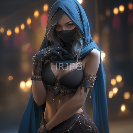 High Resolution: Attractive mysterious figure with light blue hair and fair skin wears a dark mask over her mouth has large breasts in a black bralette adorned by intricate gold armlets download. | HRJPG.com