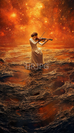 High Resolution: Ethereal figure with light brown hair in a white flowing dress stands waist-deep on turbulent ocean waves under a fiery orange and yellow starry sky playing violin passionately download. | HRJPG.com