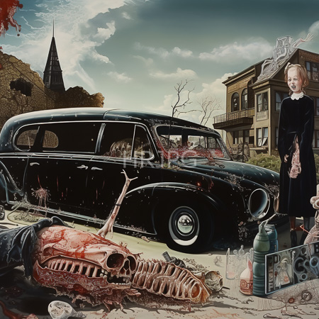High Resolution: Surreal artwork depicts an eerie scene with a black vintage car parked on cracked pavement beside dilapidated buildings under cloudy skies with blood stains covering its windows download. | HRJPG.com