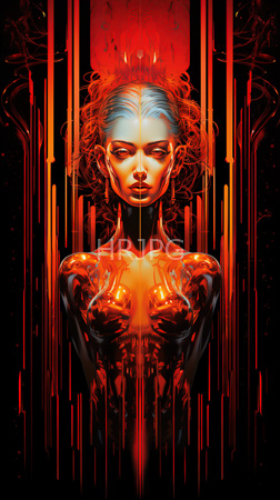 High Resolution: Ethereal topless figure with pale blue skin and fiery red hair against a black background adorned by vertical orange-red drips resembling molten wax or paint download. | HRJPG.com