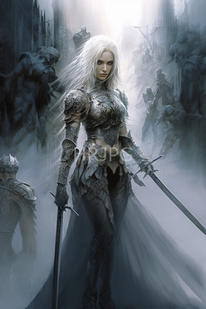 High Resolution: Armored pale-skinned female warrior with long white hair and piercing blue eyes stands in misty ruins holding two swords wearing intricate silver armor download. | HRJPG.com