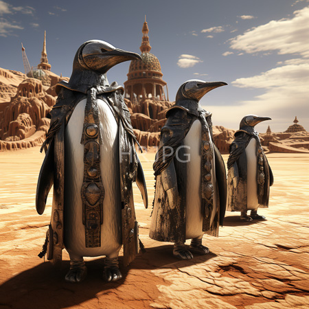 High Resolution: Three anthropomorphic flightless birds in ornate metallic armor stand on an arid desert landscape with sandstone structures and domed buildings under a cloudy blue sky download. | HRJPG.com