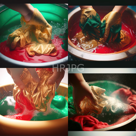 High Resolution: Collage of four close-up shots shows hands manipulating translucent colorful fabric gold and green in red liquid-filled bowls under soft lighting download. | HRJPG.com