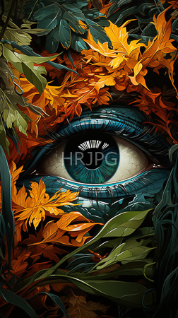 High Resolution: Intense blue-green eye with detailed iris patterns is surrounded by vibrant autumn leaves in shades of orange and yellow amidst green foliage download. | HRJPG.com