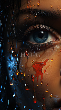 High Resolution: Intense blue-eyed face with wet black hair and water droplets on skin red liquid drips down from above the right eye to the cheekbone against a dark background download. | HRJPG.com