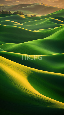 High Resolution: Rolling green hills bathed in golden sunlight creating gentle shadows and highlights across their smooth surfaces with distant trees lining one horizon download. | HRJPG.com