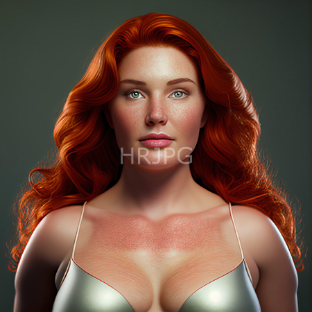 High Resolution: Photorealistic attractive fair-skinned figure with long red hair and green eyes wears a silver spaghetti-strap top against a dark gradient background with charming freckles download. | HRJPG.com