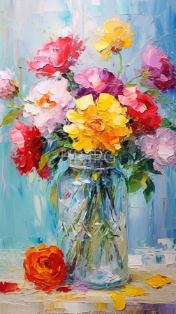High Resolution: Vibrant impressionistic painting of an arrangement in a clear glass jar filled with colorful peonies red pink yellow and green leaves against a blue and white textured background download. | HRJPG.com