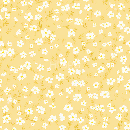 High Resolution: Elegant repeating floral pattern on a soft yellow background features small white flowers with five petals and central golden-yellow stamens scattered uniformly across the canvas download. | HRJPG.com